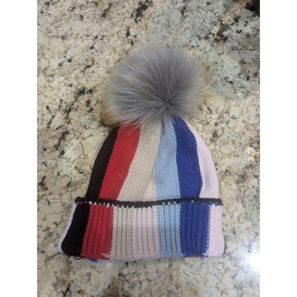Adrienne Landau ​Rainbow Stripe Faux Fur Pom-Pom Wool Blend Rib Beanie Hat - Picture 1 of 7
